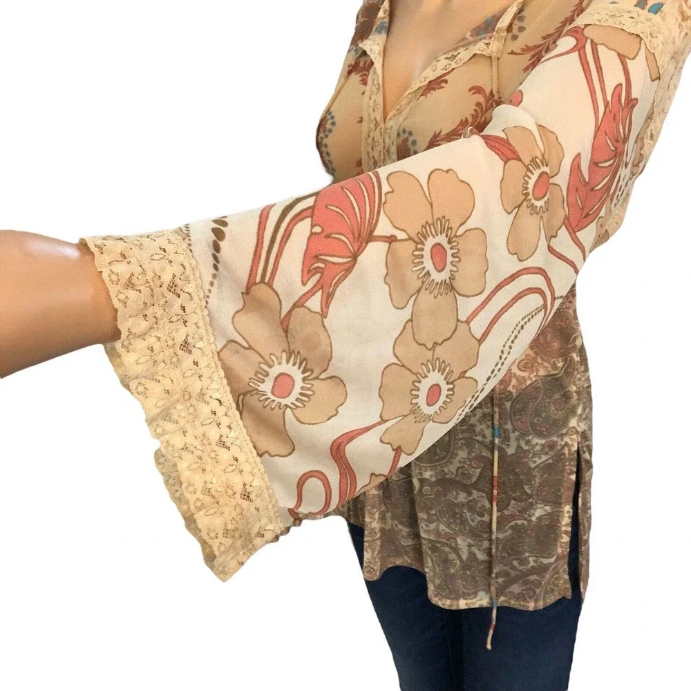 Y2K Express Peasant Top Bell Sleeve Retro Floral Print Hippie Mesh - Picture 3 of 6